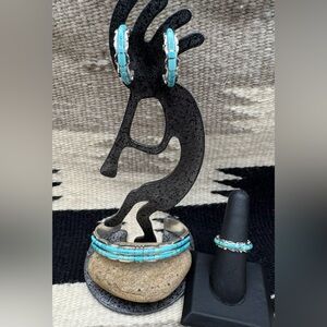 Zuni Native American Turquoise Sterling Silver Cuff Bracelet Earrings Ring Set